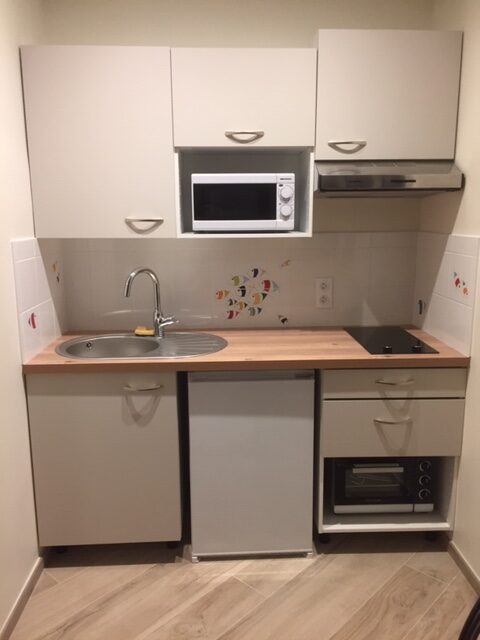 Cuisine, micro onde, four traditionnel, hotte, plaques induction, frigidaire, poubelle sélective