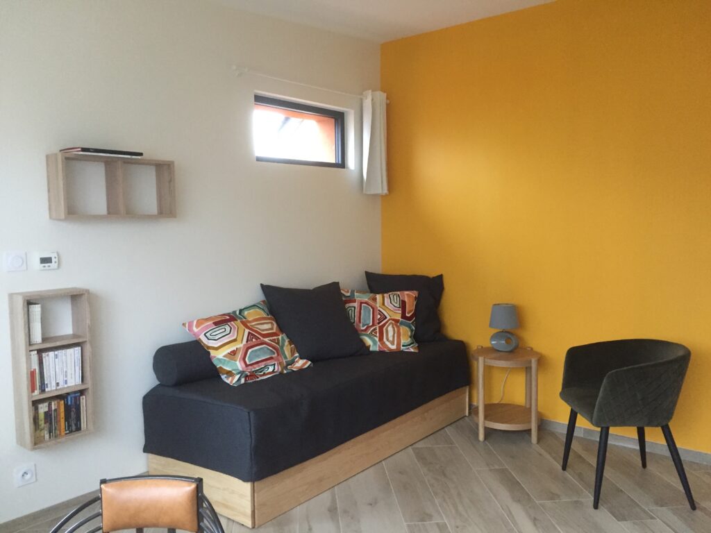 Coin salon, divan, fauteuil, étagères