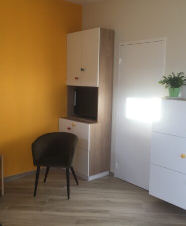 Location gîte meublé près d'Angers : Coin salon, rangements, télévision, fauteuil
