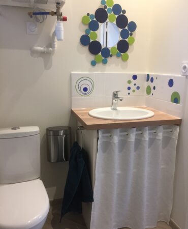 Gîte meublé à louer Angers : Salle de bain, WC, lavabo, glace, sèche cheveux, fer à repasser