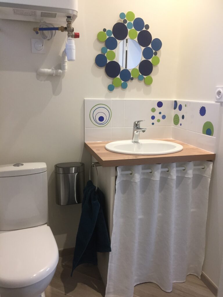 Gîte meublé à louer Angers : Salle de bain, WC, lavabo, glace, sèche cheveux, fer à repasser