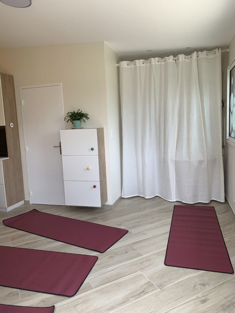 pour les professionnels, espace de gymnastique, tapis, yoga, méditation, sanitaires, rideau de séparation