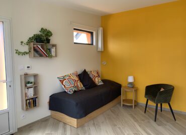 salon, lumineux, imposte, plante, livres, canapé, coussins, confort, fauteuil, table basse, lampe, applique, rideau