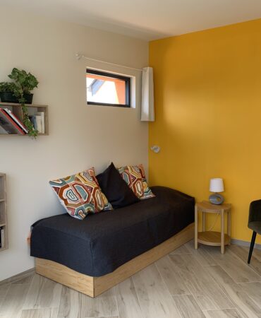 salon, lumineux, imposte, plante, livres, canapé, coussins, confort, fauteuil, table basse, lampe, applique, rideau